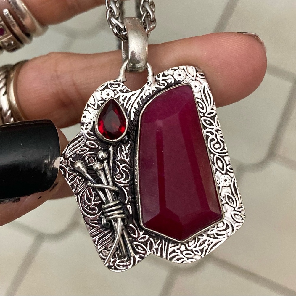 Genuine Garnet & pink Indian ruby gemstones boho charm silver necklace - Picture 13 of 16